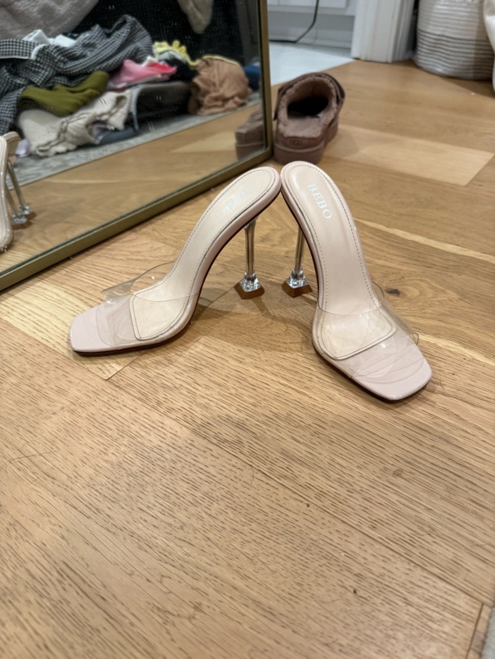 BEBO Nude Clear Strap Heels